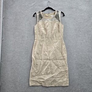 Ann Taylor‎ LOFT Women Dress 2 Brown Cotton Linen Sheath Sequin Beaded